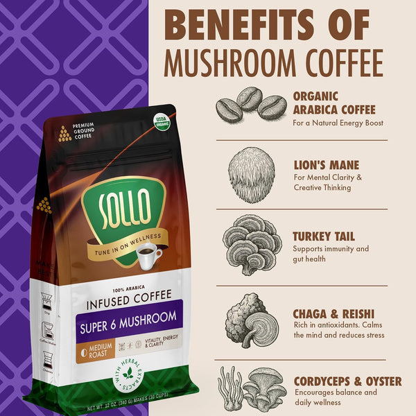 Super 6 Mushroom, Ground Coffee, 12 oz